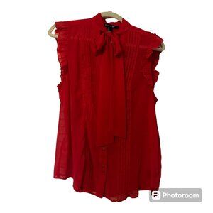 Women's Red Sheer Button up Tie Neck Forever 21 sleeveless dress shirt size L